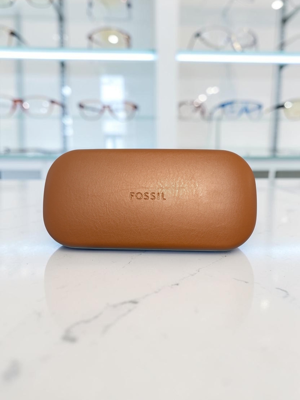 Fossil "Made in the Shade" Tan Brown Hard Eyeglass Case with Cleaning Cloth EUC